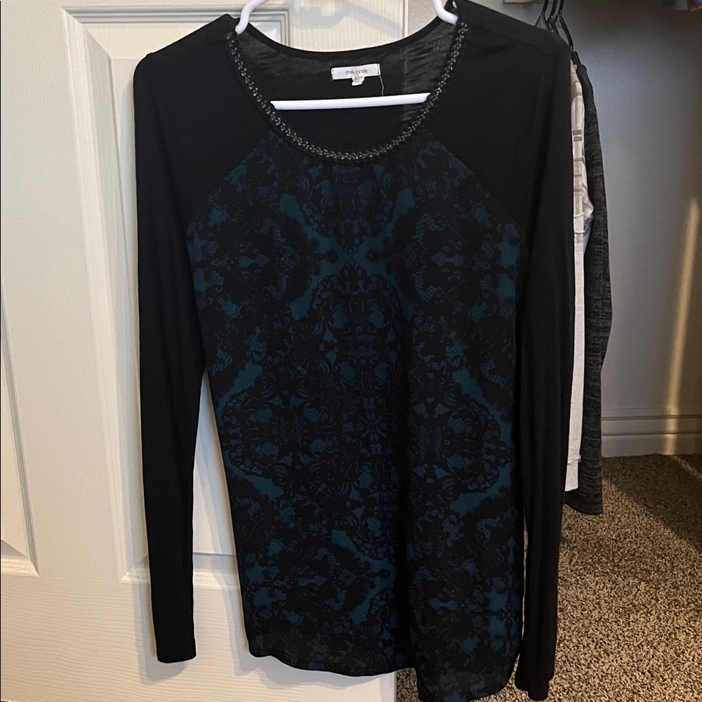 Maurices Black & Green Long-Sleeve Top with decorative Neckline